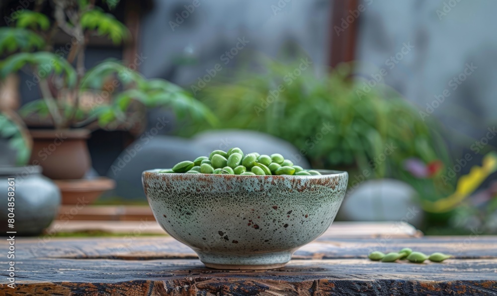 Fresh Green Peas in a Ceramic Bowl on a Rustic Wooden Table Fresh Green Peas in a Ceramic Bowl on a Rustic Wooden Table