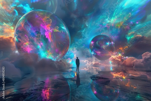 3D abstract holographic colors floating with with colorful clouds and fog background. The shape shimmers with prismatic reflections © MrHamster