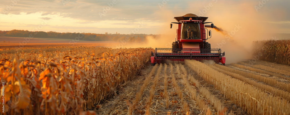 Fototapeta premium A modern combine harvester collects ripe corn in a vast field at sunset, casting dust and golden light across the landscape.