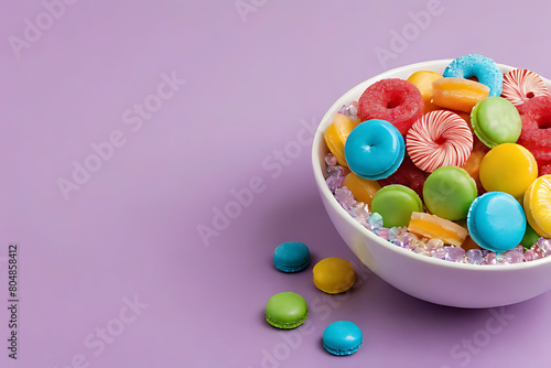 Candy and sweets in copy-space background concept, big blank space. Place to adding text blank copy space. Sweet Gummy Treats