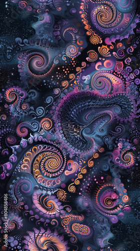 Intricate seamless pattern of smoky spirals and gradient hues in cosmic colors