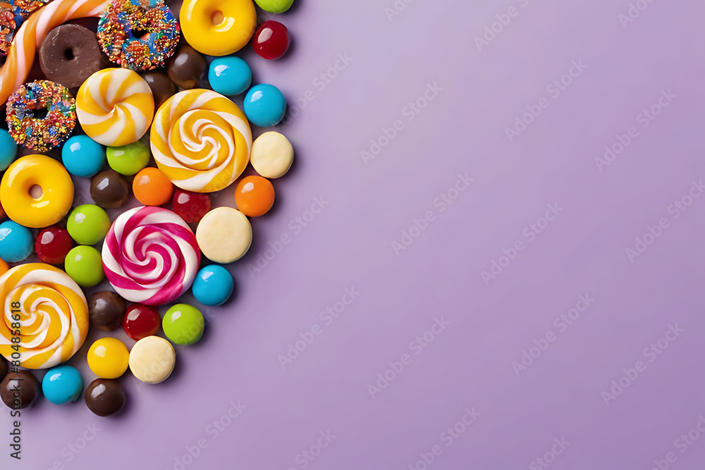 Candy and sweets in copy-space background concept, big blank space. Place to adding text blank copy space. Sour Candy Bliss
