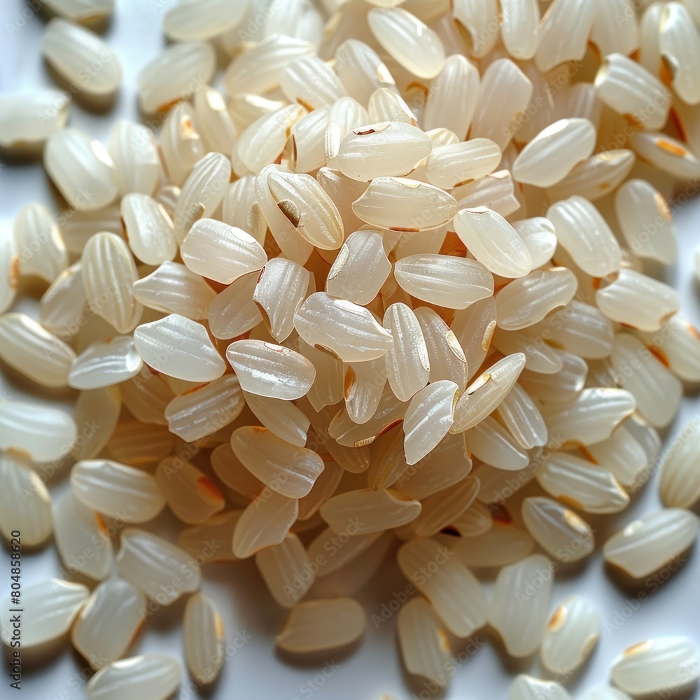 Aesthetic arrangement of rice on a white background, a staple of Asian food with various point-of-view style objects on a clean white background Aesthetic arrangement of rice on a white background, a staple of Asian food with various point-of-view style objects on a clean white background