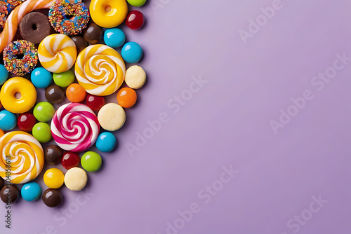Candy and sweets in copy-space background concept, big blank space. Place to adding text blank copy space. Sour Candy Bliss