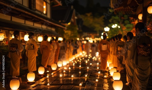 Traditional Lantern Festival Procession at Night in Japan