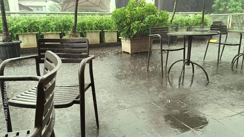 Rainy view in a courtyard where you can eat