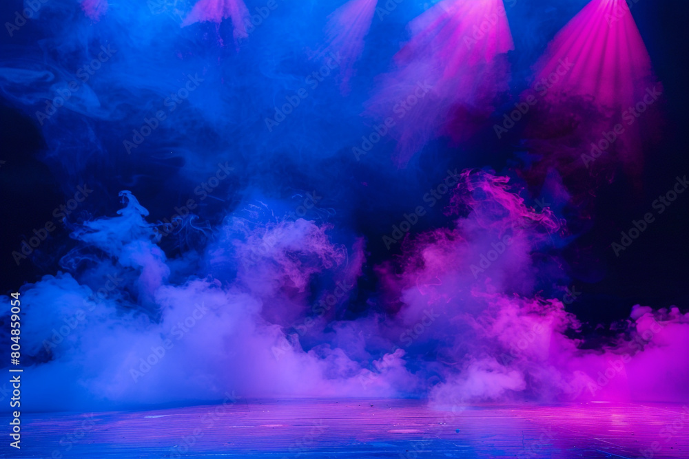 A stage bathed in electric blue smoke under a coral pink spotlight, offering a modern, vibrant setting.