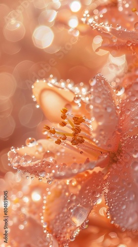Closeup of peach fuzz, highlighted against a background of shimmering water drops