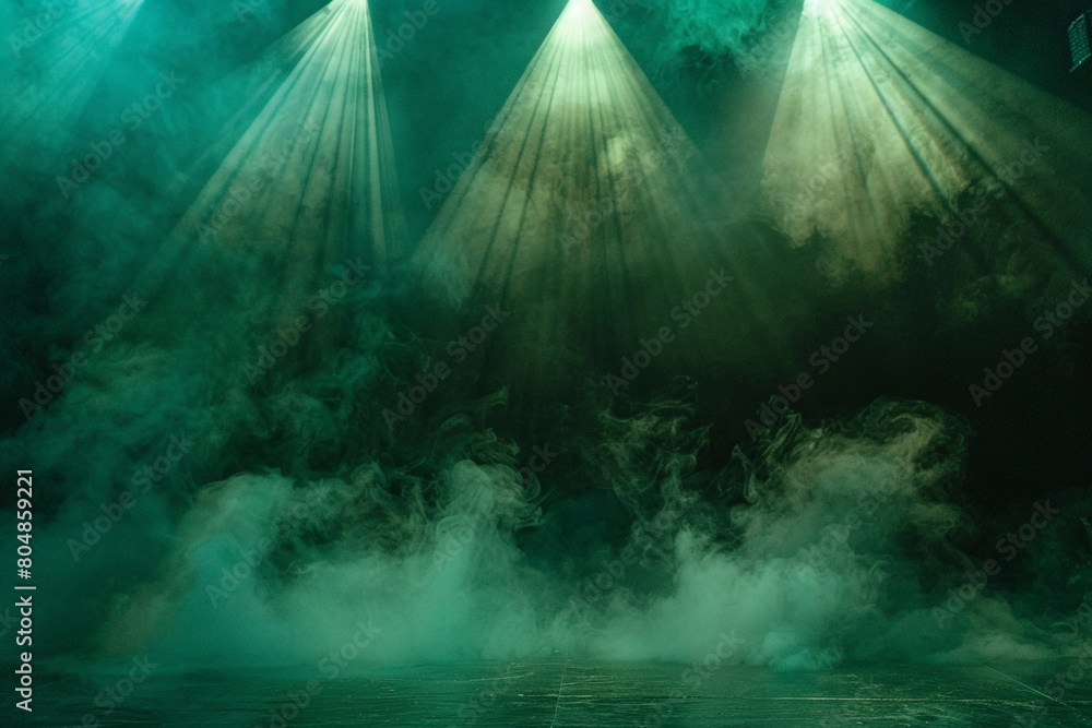 A stage covered in champagne-colored smoke abstract background illuminated by a dark green spotlight against a black background.