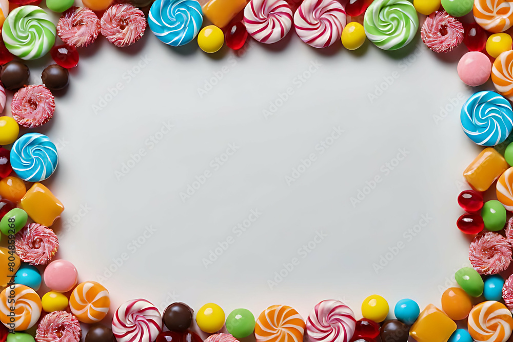 Candy and sweets in copy-space background concept, big blank space. Place to adding text blank copy space. Candy Coated Bliss