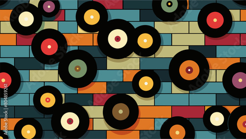 A section of the walls is covered in old vinyl records creating a oneofakind mosaic. Vector illustration