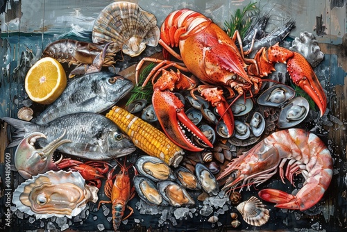 A painting of seafood including shrimp, lobster, and oysters