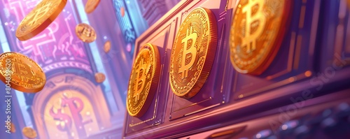 Create an illustration of a slot machine with bitcoin symbols on the reels and falling golden bitcoins in the background photo