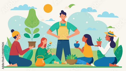 A local farmer shares tips and tricks for successful gardening as participants take turns planting and practicing yoga poses in the fresh air.. Vector illustration