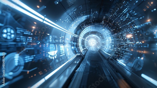 A futuristic sci-fi tunnel with glowing blue lights. photo