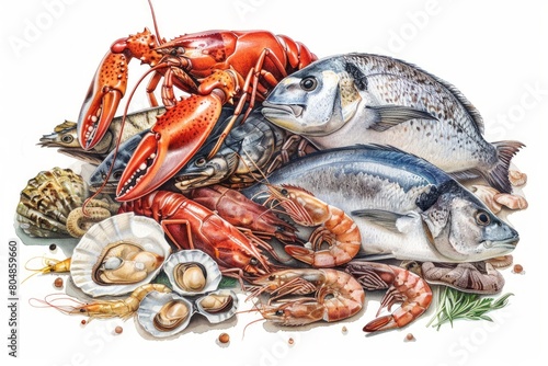 Deliciously depicted seafood painting: A captivating portrayal of shrimp, lobster, and oysters