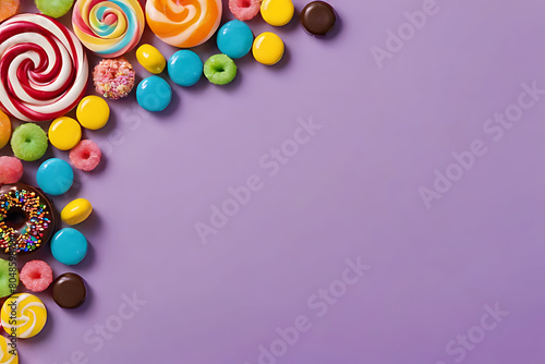 Candy and sweets in copy-space background concept, big blank space. Place to adding text blank copy space. Almond Joy Coconut Fudge