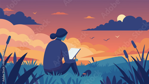 In a field of tall swaying grass I sit and sketch the vibrant colors of a sunset painting the sky..