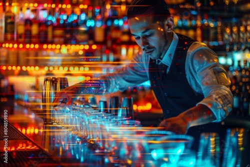 A man in a vest is pouring drinks at a bar