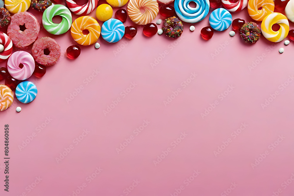 Candy and sweets in copy-space background concept, big blank space. Place to adding text blank copy space. Cherry Almond Amaretto Fudge
