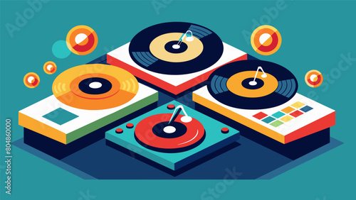 A series of records spinning on a turntable and being flipped over one by one each one revealing a different genre of music. Vector illustration