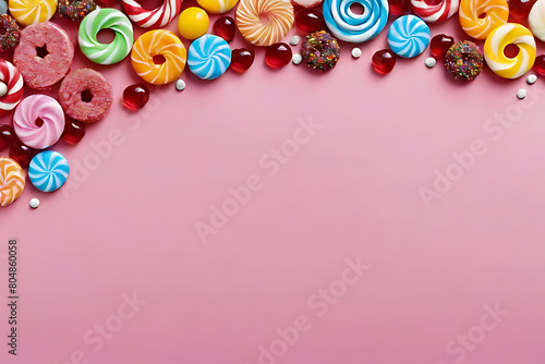 Candy and sweets in copy-space background concept  big blank space. Place to adding text blank copy space. Cherry Almond Amaretto Fudge