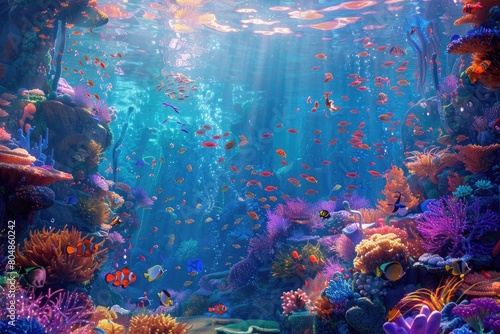 Underwater view of tropical coral reef with fishes and corals.