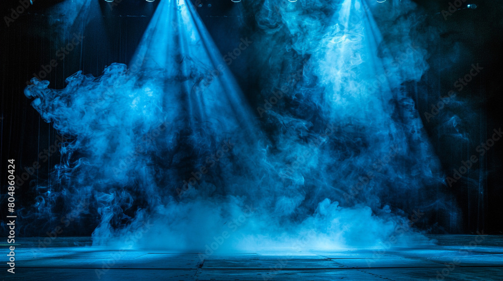 A stage with billowing charcoal grey smoke illuminated by a bright cerulean spotlight, providing a chic, modern contrast.