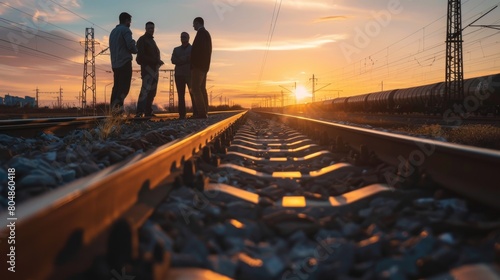 Railway workers inspecting tracks at sunset