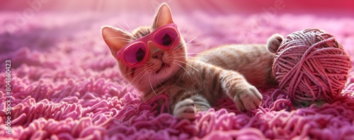 Heartbreaker cat with heart shades playfully swats at yarn on a cozy carpet. Summer vibes. 3D art. photo