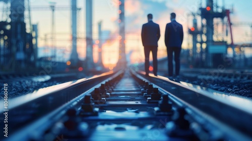 Two businessmen in suits walking away down railroad tracks toward an industrial sunset. photo