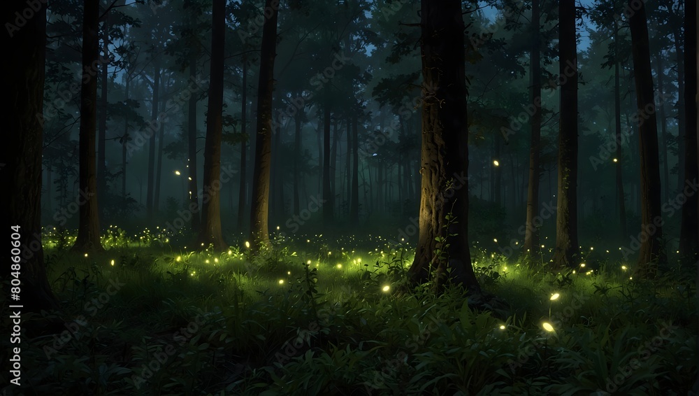Fototapeta premium The tranquil glow of fireflies in a dense, impenetrable forest ai_generated