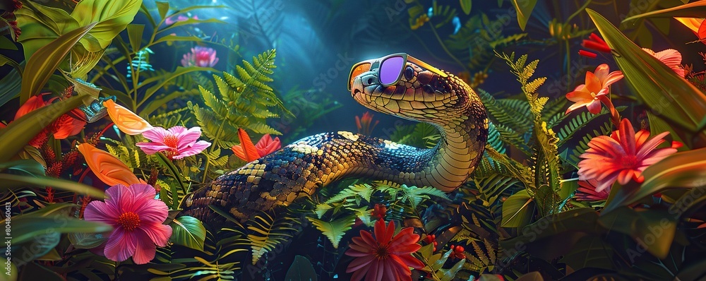 Tropical explorer: Snake with mirrored shades explores a lush rainforest teeming with colorful plants. Summer adventure. 3D illustration.