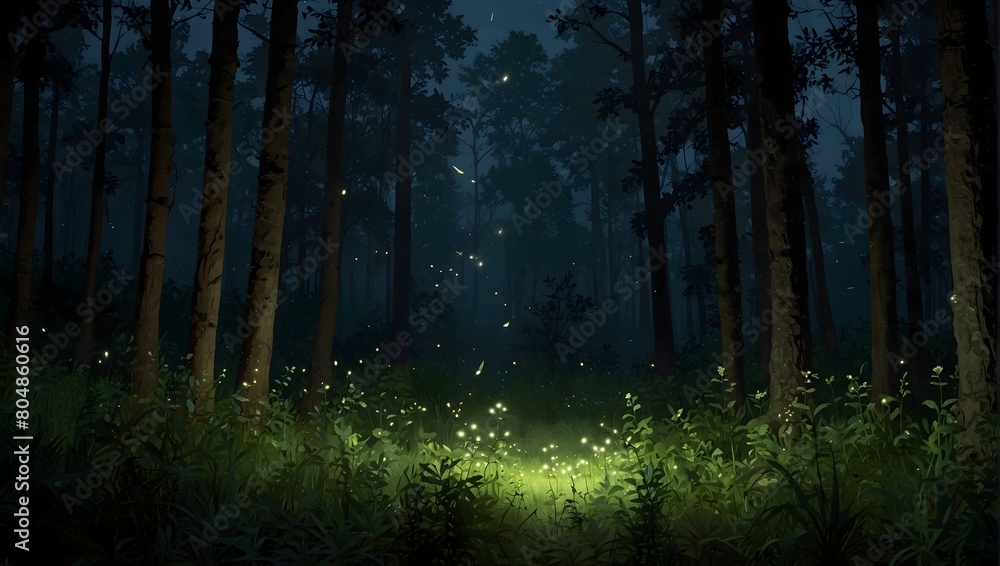 Obraz premium The tranquil glow of fireflies in a dense, impenetrable forest ai_generated