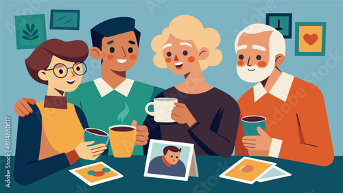 Friends reunited after many years catch up over a cup of coffee reminiscing about the past as they browse through oldfashioned postcards and photos.. Vector illustration