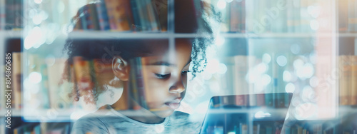 An African American elementary school girl flourishes in the realm of modern education, harnessing the potential of a laptop to explore new frontiers of knowledge.  Double exposure with bookcase.