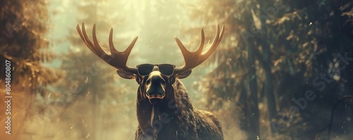 Majestic moose with pilot sunglasses surveys a mystical summer forest. Sunlight peeks through the trees. 3D rendering.