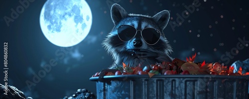 Trash Treasure Hunter: Playful Raccoon with Aviator Sunglasses Explores a Summer Night Trash Can photo
