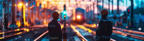 Railway workers are watching the train pass by. photo