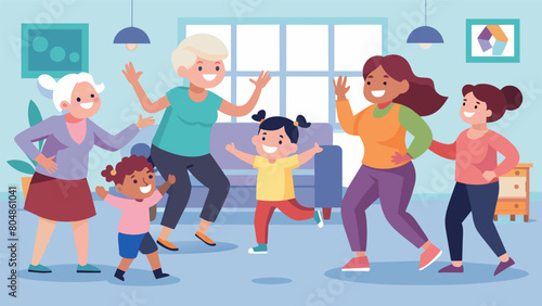 From toddlers to grandparents everyone is included in the living room Zumba session creating a joyful and inclusive atmosphere.. Vector illustration