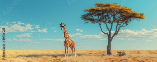 Savanna view with a chew: Majestic giraffe with pilot sunglasses savors leaves from an acacia tree on the endless plains. Summer vibes. 3D rendering.