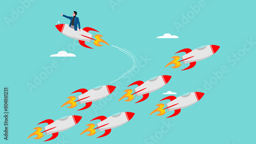 change career path in a different direction, courage to see opportunities, leadership to choose a path to success, change business strategy, businessman riding the rocket changed its flight direction