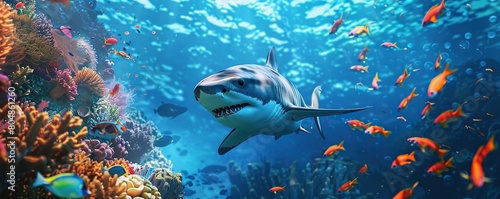 Majestic shark with aviator sunglasses glides through a stunning coral reef. Summertime underwater paradise. 3D rendering.