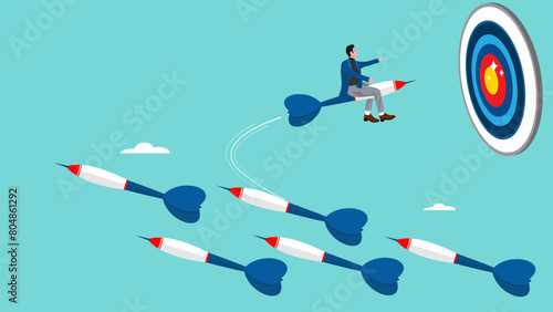 Change career path or difference direction with businessman riding the dart changed its flight direction towards business goals, change business strategy, leadership to choose a path to success