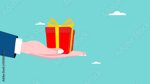 company rewards program, bonuses for employees for good performance, surprise or gift for customers, special loyalty program from company, businessman hand with gift box concept vector illustration