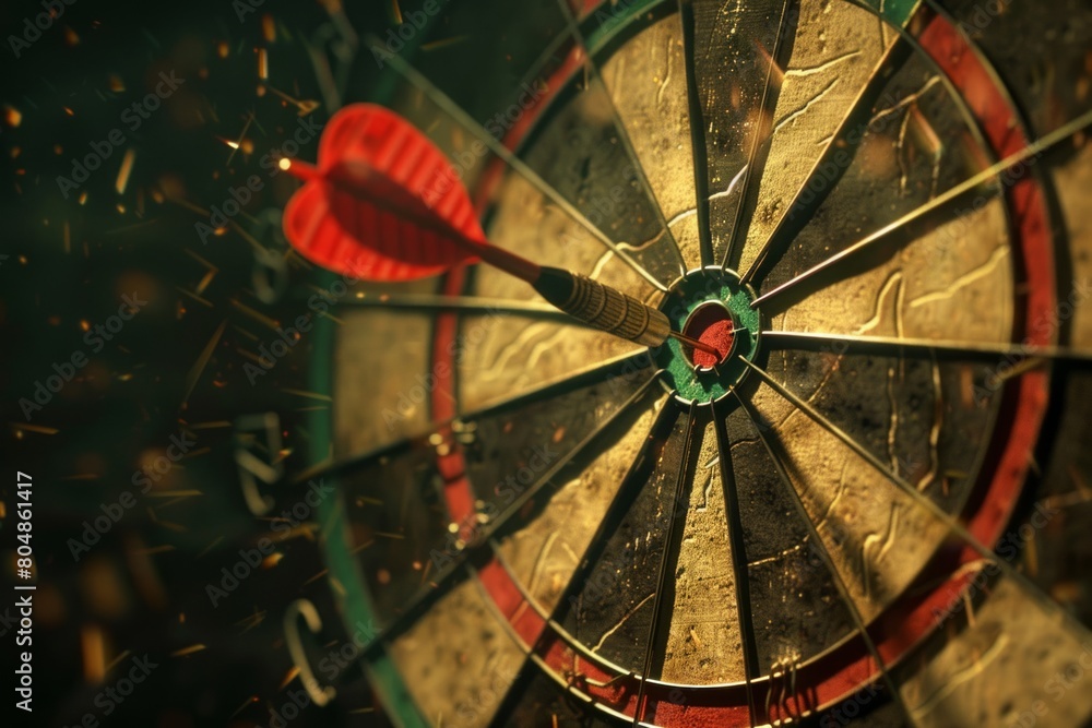 Dartboard focus: A mesmerizing close-up capturing the intensity of a red-tipped dart hitting the target Dartboard focus: A mesmerizing close-up capturing the intensity of a red-tipped dart hitting the target