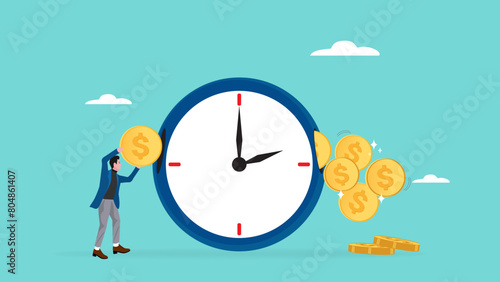 ROI, return on investment or long term investment success, increase in dividends or returns from the costs that have been invested, businessman invests money into big watch to get return profit