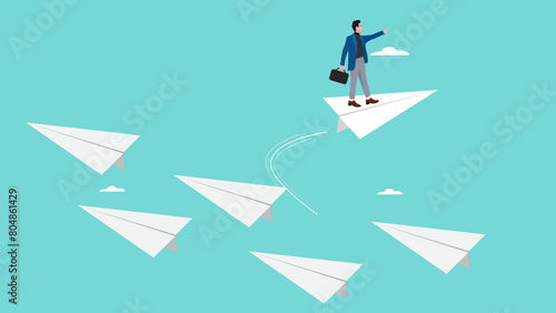change career path in a different direction, businessman riding paper plane changed its flight direction, leadership to choose a path to success, change business strategy, courage to see opportunities