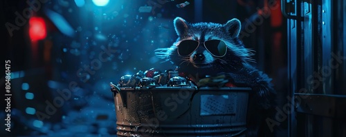 Moonlight Bandit: Summer Raccoon in Aviators Peeking into a Trash Can Overflowing with Goodies photo