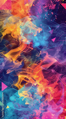 Seamless abstract pattern with swirling smoke and color splashes in a geometric arrangement.